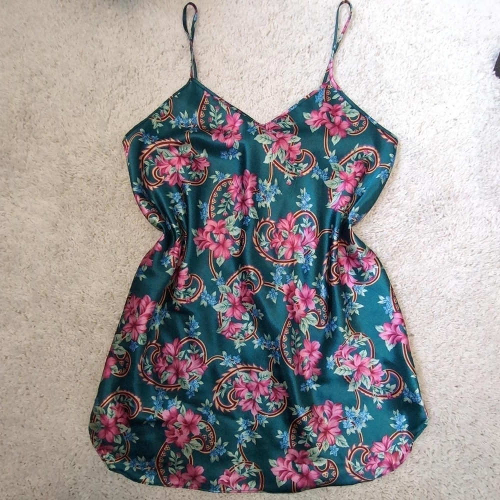 Vintage 90s Slip Nightgown Lingerie Size Large Dentelle Green & Pink Paisley